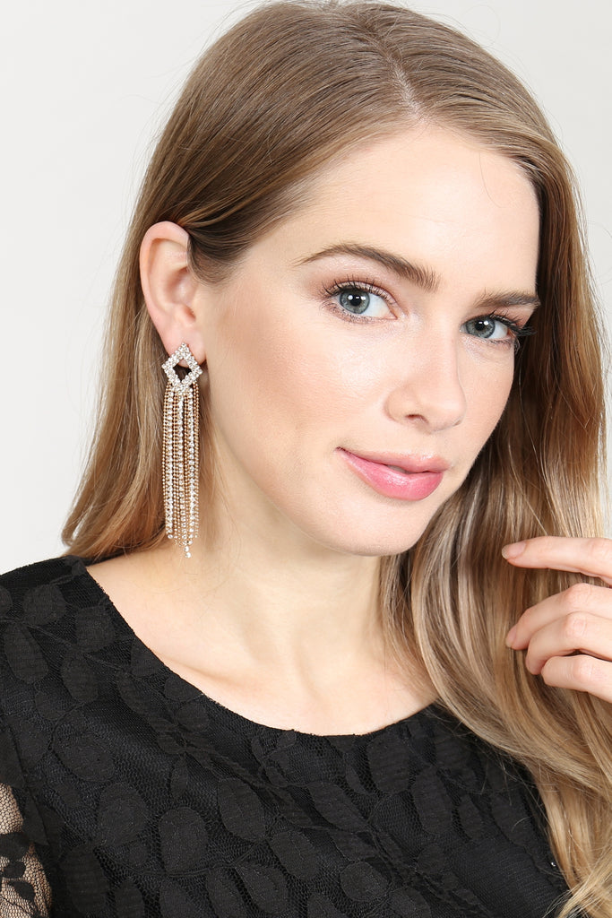 25601 - 2-LINE RHINESTONE RHOMBUS FRINGE EARRINGS