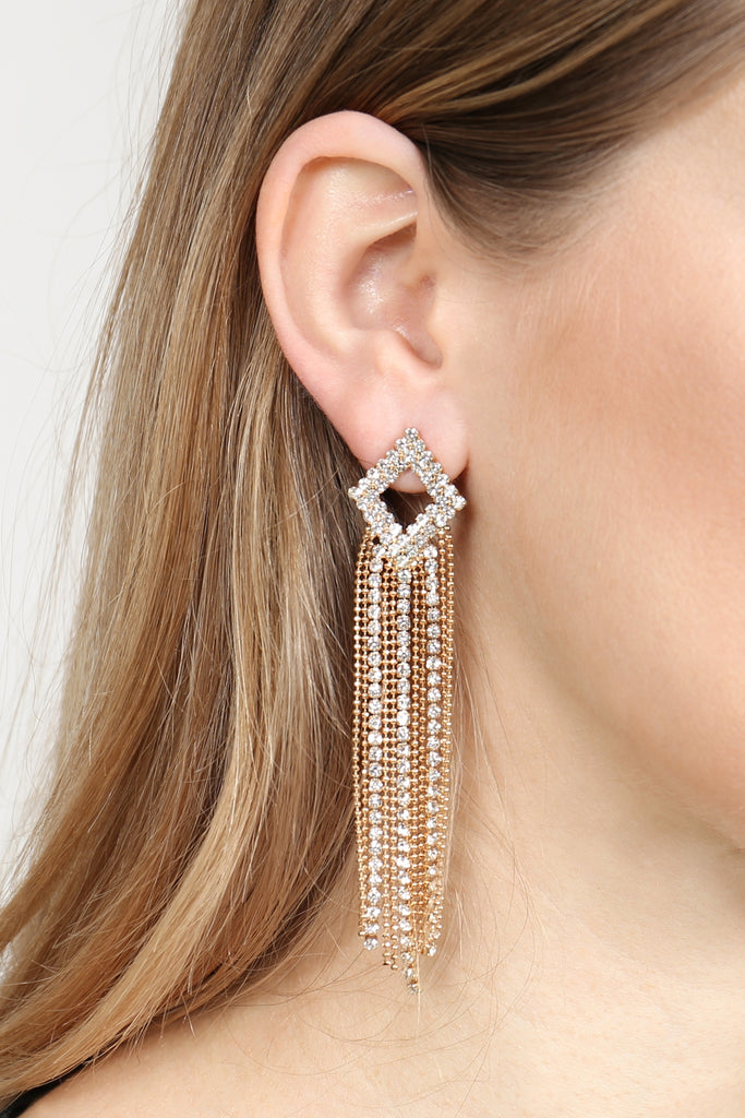 25601 - 2-LINE RHINESTONE RHOMBUS FRINGE EARRINGS