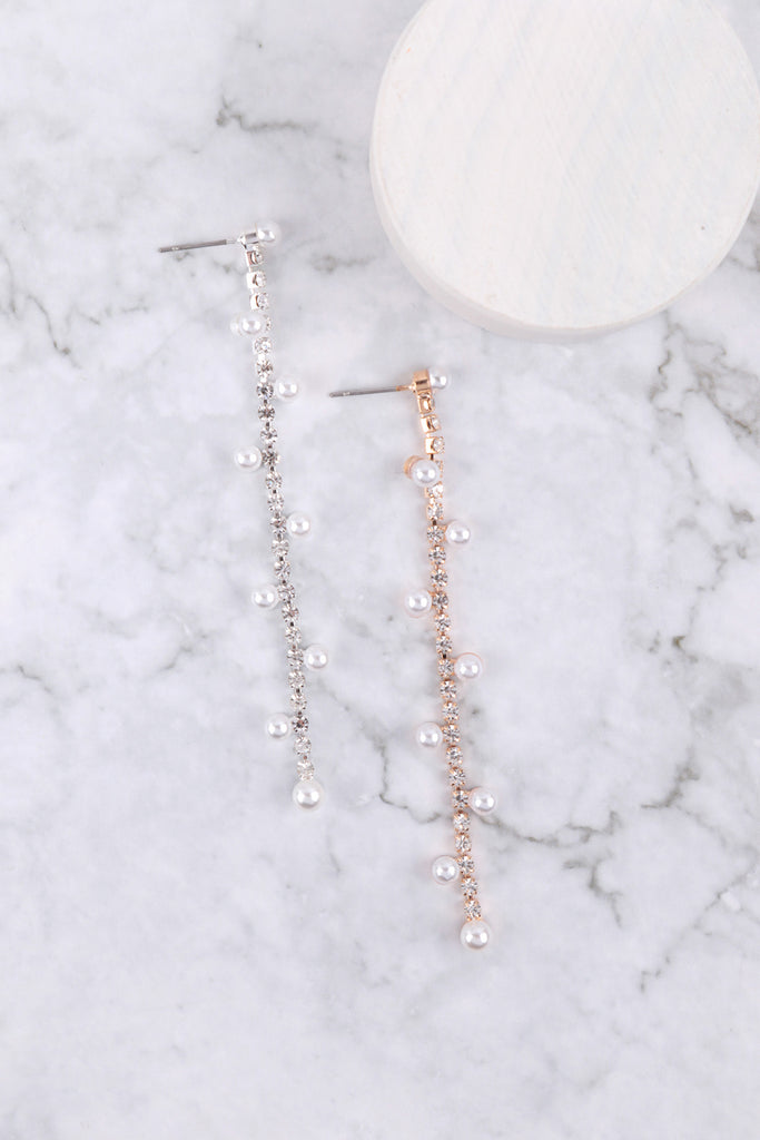 RHINESTONE ZIGZAG STATIONED PEARL DROP EARRINGS