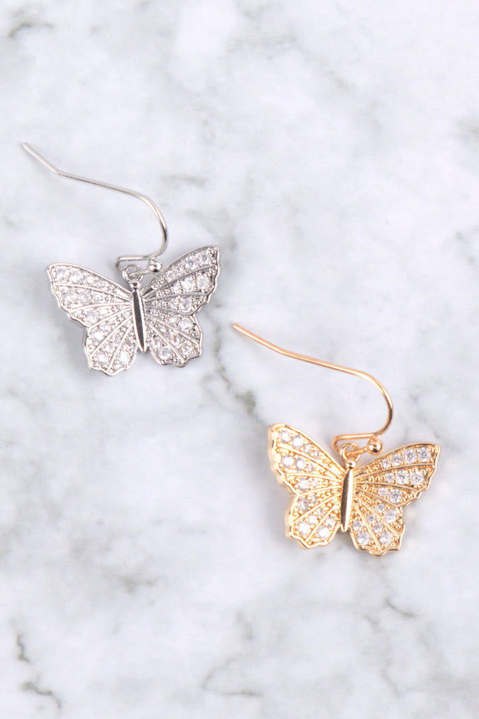 CUBIC ZIRCONIA LINE BUTTERFLY DANGLE HOOK EARRINGS