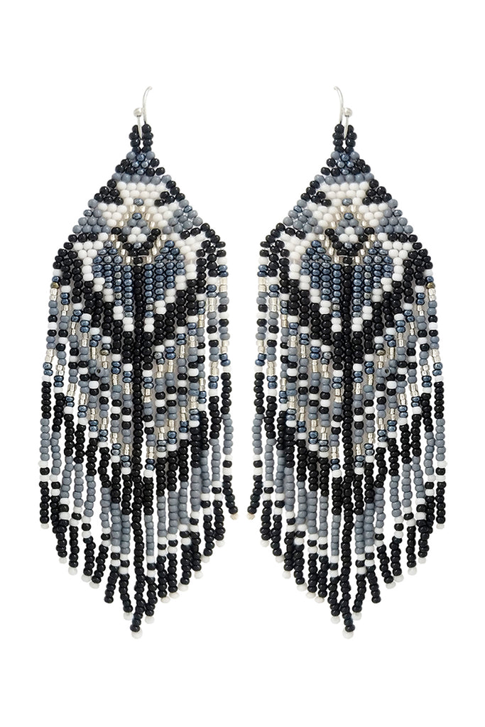 WESTERN STYLE AZTEC SEED BEAD FRINGE DROP EARRINGS