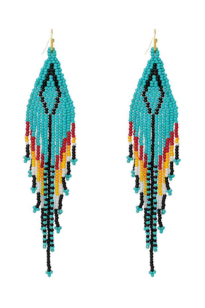 WESTERN AZTEC BOHO DIAMOND SHAPE FRINGE SEED BEED EARRINGS