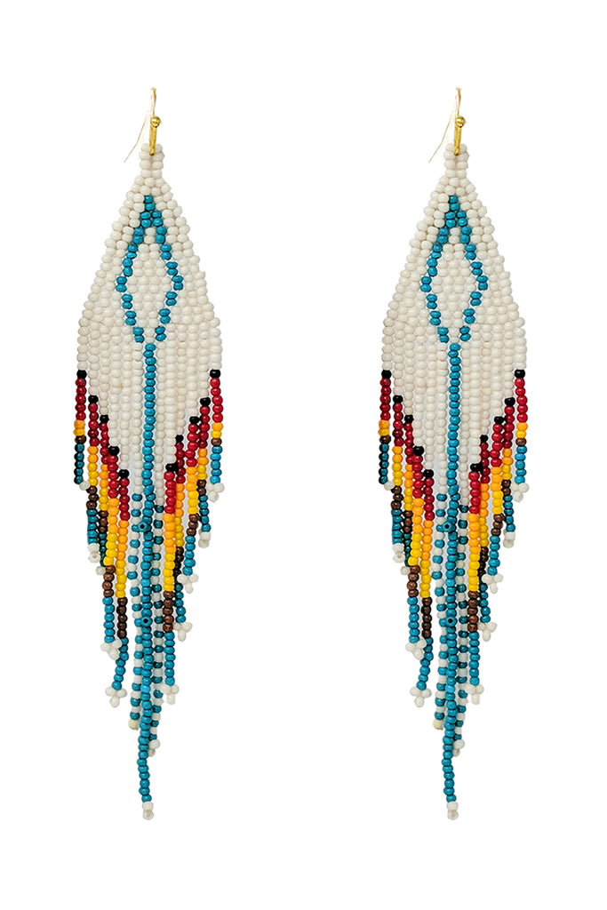 WESTERN AZTEC BOHO DIAMOND SHAPE FRINGE SEED BEED EARRINGS