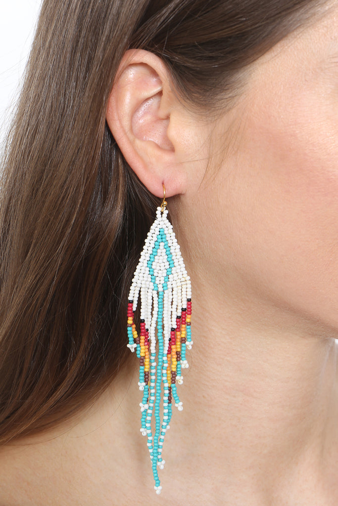 WESTERN AZTEC BOHO DIAMOND SHAPE FRINGE SEED BEED EARRINGS