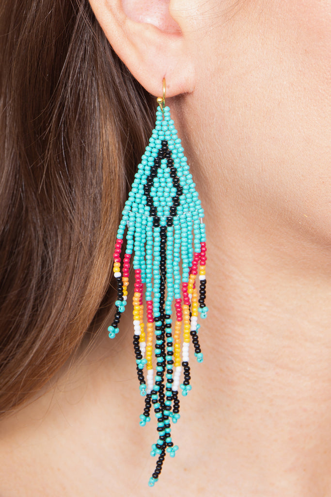 WESTERN AZTEC BOHO DIAMOND SHAPE FRINGE SEED BEED EARRINGS