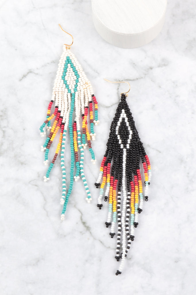 WESTERN AZTEC BOHO DIAMOND SHAPE FRINGE SEED BEED EARRINGS