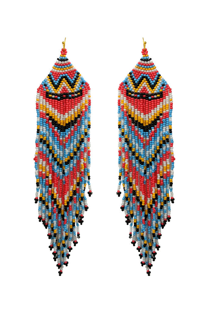 WESTERN STYLE AZTEC SEED BEAD FRINGE DROP EARRINGS