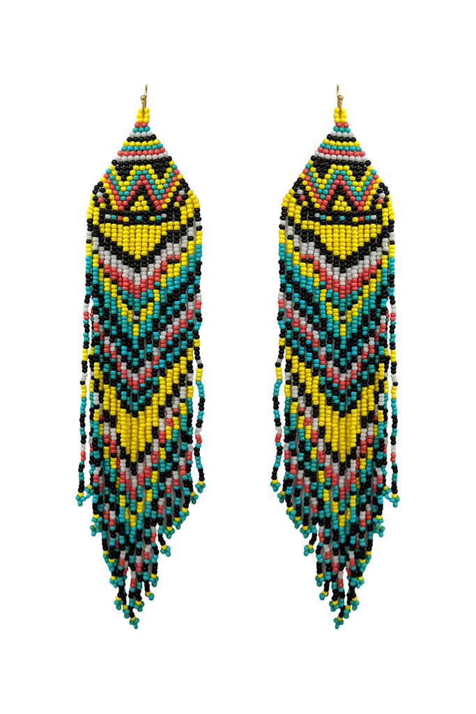 WESTERN STYLE AZTEC SEED BEAD FRINGE DROP EARRINGS