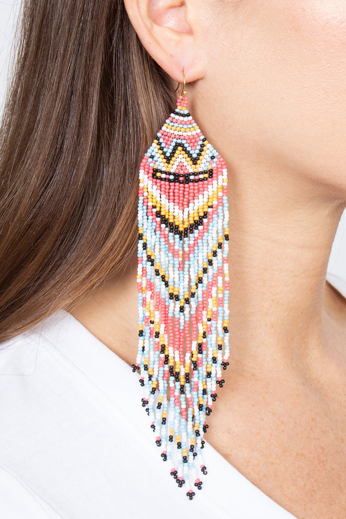 WESTERN STYLE AZTEC SEED BEAD FRINGE DROP EARRINGS