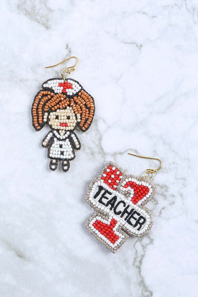 NURSE'S DAY PATTERN SEED BEAD DROP EARRINGS