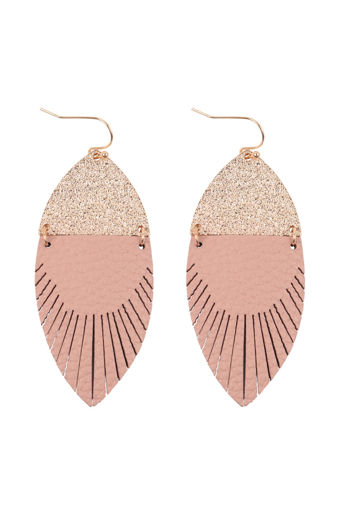 2.75 INCH MARQUISE SHAPED PU LEATHER FRINGE HOOK EARRINGS