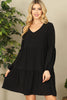 V-Neck Puff Long Sleeve Baby Doll Tiered Solid Dress