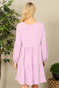 V-Neck Puff Long Sleeve Baby Doll Tiered Solid Dress