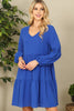 V-Neck Puff Long Sleeve Baby Doll Tiered Solid Dress