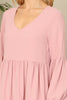 V-Neck Puff Long Sleeve Baby Doll Tiered Solid Dress