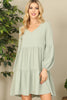 V-Neck Puff Long Sleeve Baby Doll Tiered Solid Dress