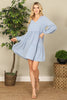 V-Neck Puff Long Sleeve Baby Doll Tiered Solid Dress