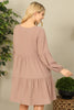 V-Neck Puff Long Sleeve Baby Doll Tiered Solid Dress