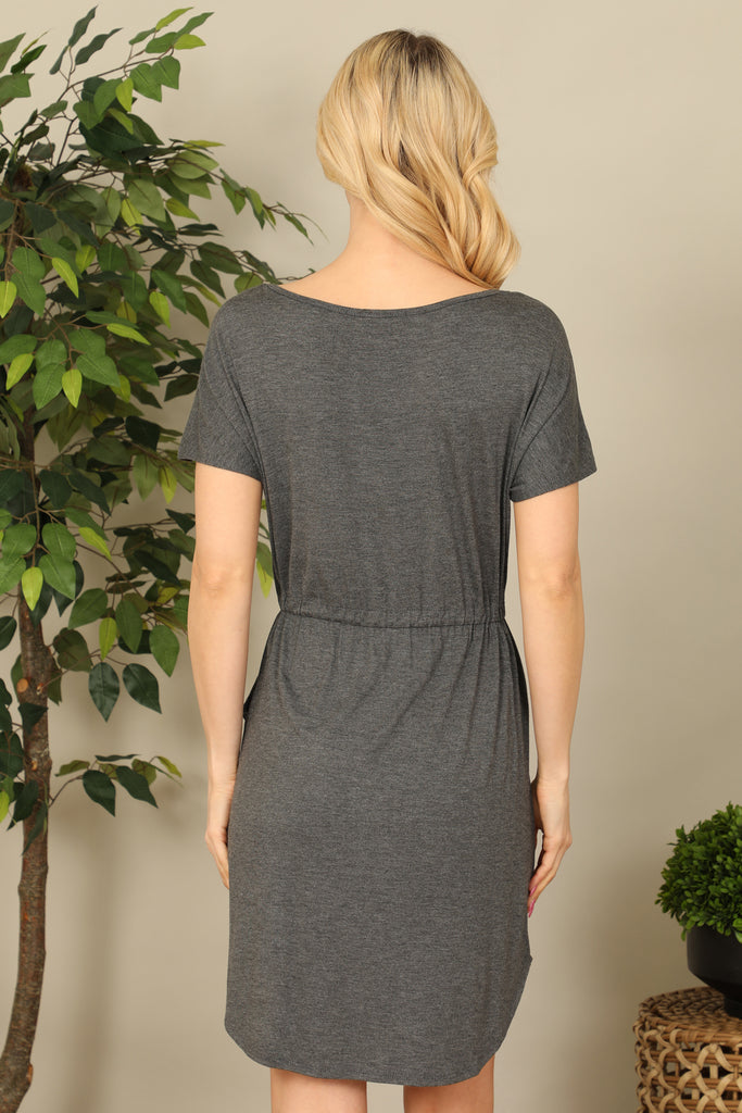 Short Sleeve Elastic Waist Tie Solid Dress