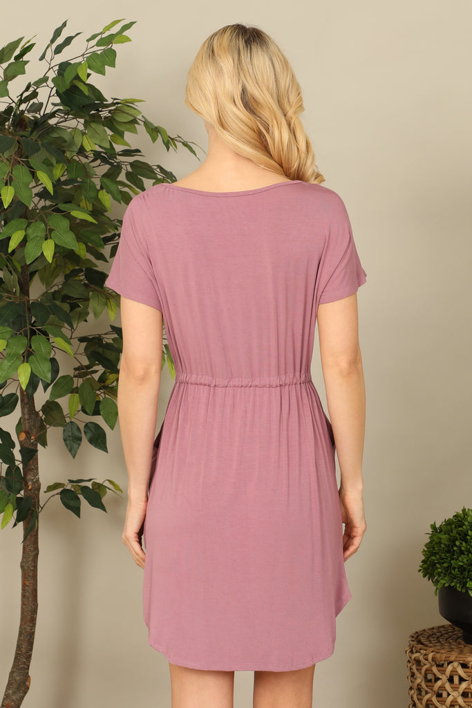 Short Sleeve Elastic Waist Tie Solid Dress