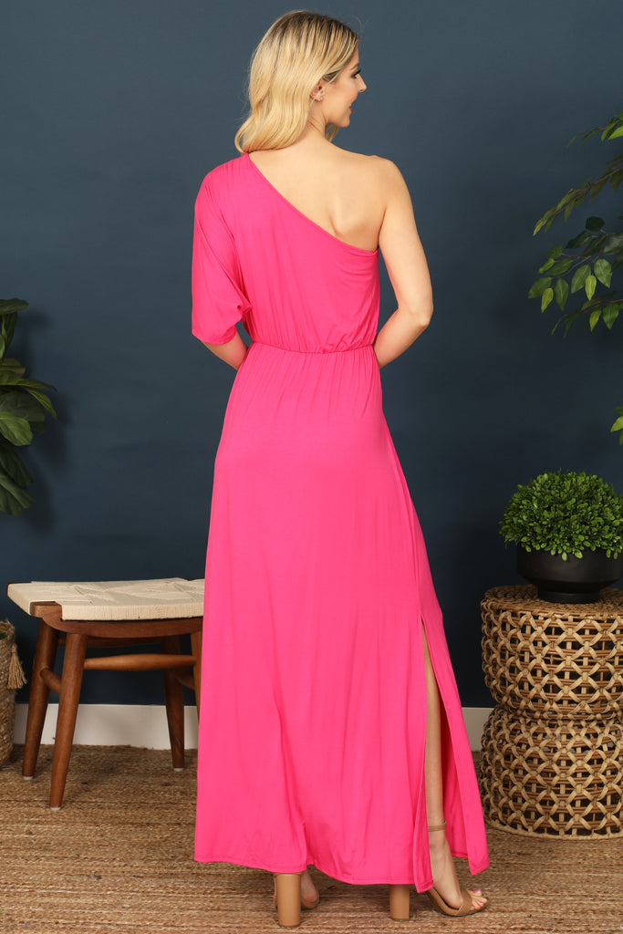 One Shoulder Elastic Waist Side Slit Solid Maxi Dress