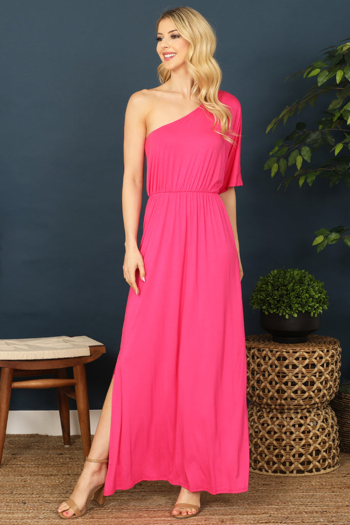 One Shoulder Elastic Waist Side Slit Solid Maxi Dress