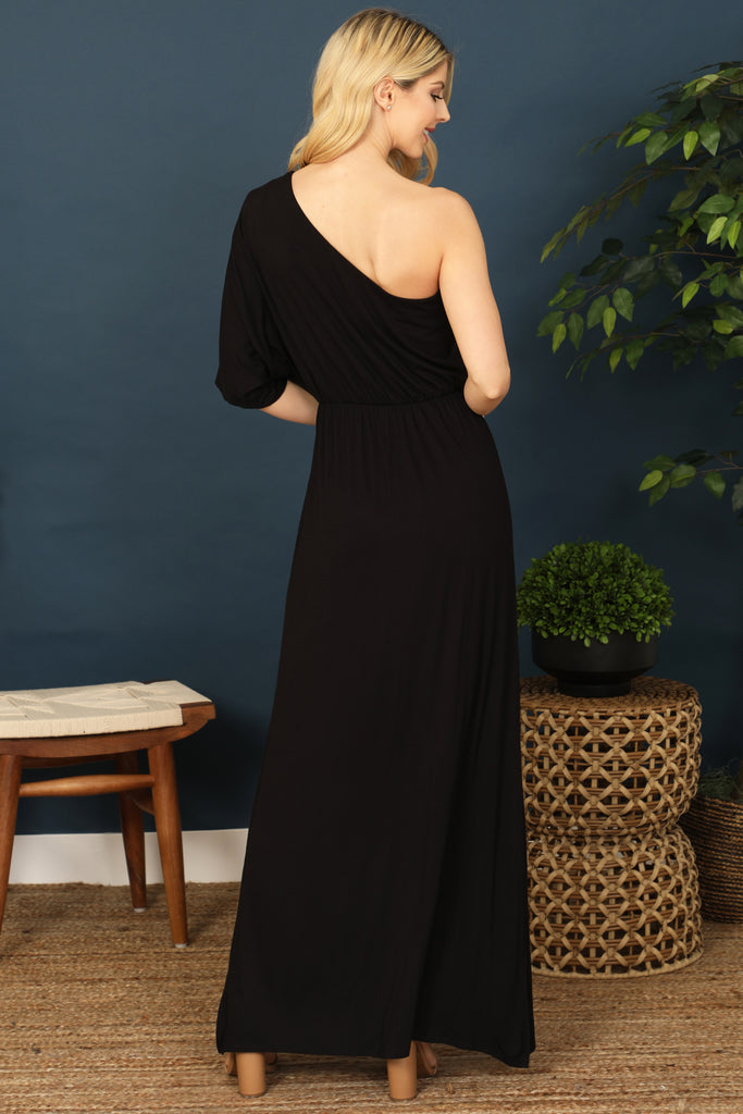 One Shoulder Elastic Waist Side Slit Solid Maxi Dress