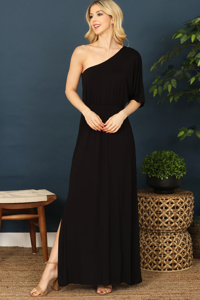 One Shoulder Elastic Waist Side Slit Solid Maxi Dress