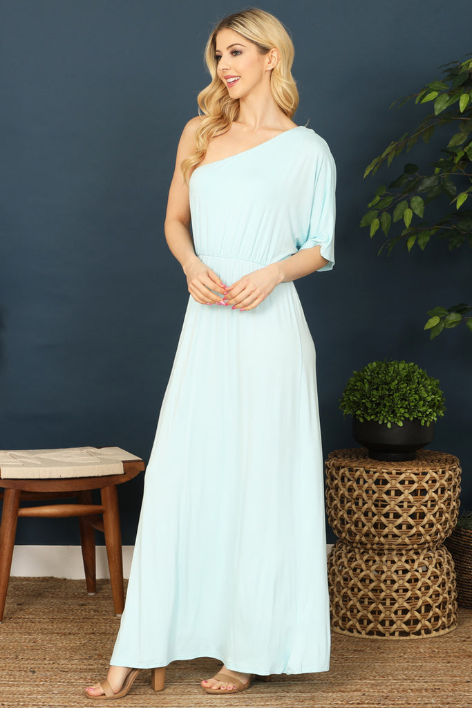 One Shoulder Elastic Waist Side Slit Solid Maxi Dress