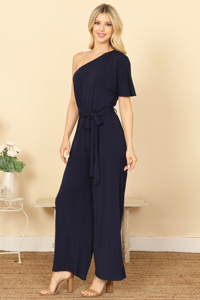 ONE SHOULDER HALF SLEEVE WAIST TIE SOLID JUMPSUIT