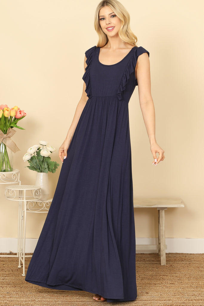 RUFFLE SLEEVELESS PLEATED WAIST SOLID MAXI DRESS