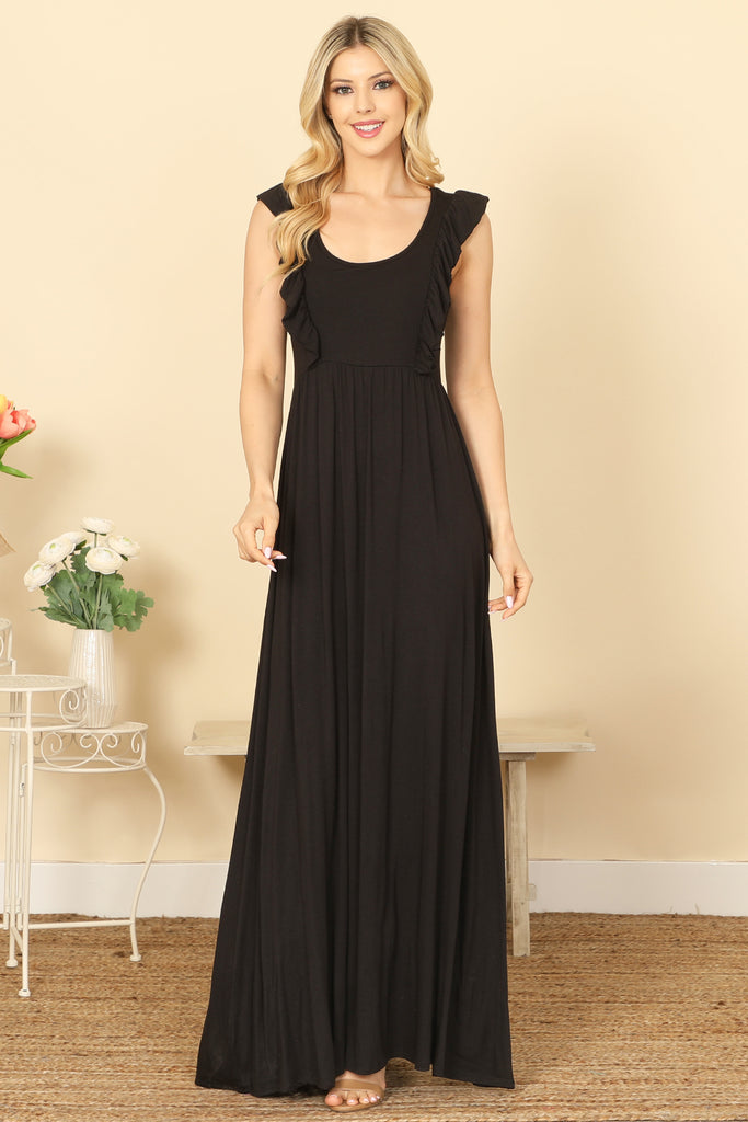 RUFFLE SLEEVELESS PLEATED WAIST SOLID MAXI DRESS