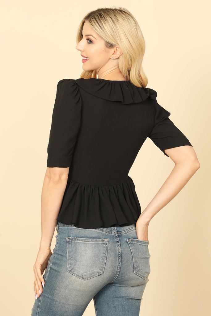 V-NECK HALF SLEEVE RUFFLE DETAIL CROP TOP