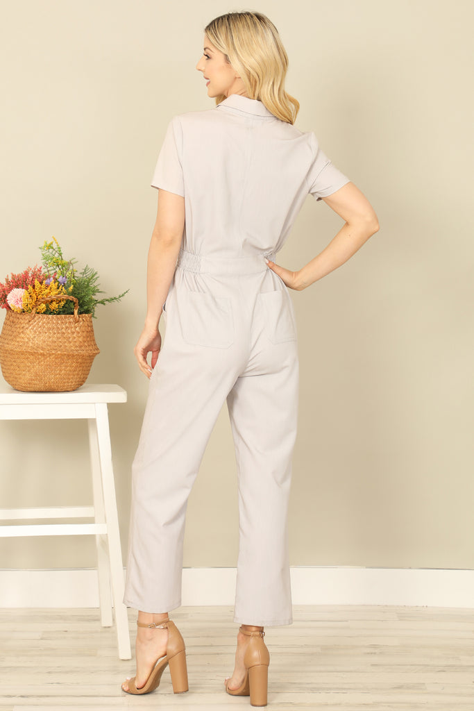 SHORT SLEEVE COLLARED SIDE POCKET SOLID JUMPSUIT