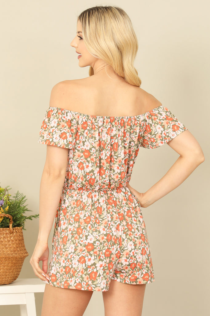 OFF SHOULER WAIST TIE SIDE POCKET FLORAL ROMPER