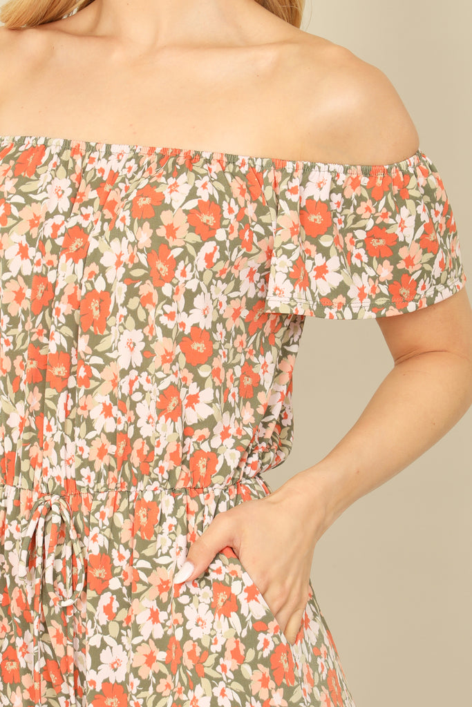 OFF SHOULER WAIST TIE SIDE POCKET FLORAL ROMPER