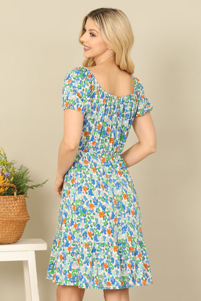 DITSY FLORAL SHORT PUFF SLEEVE CINCH WAIST DRESS