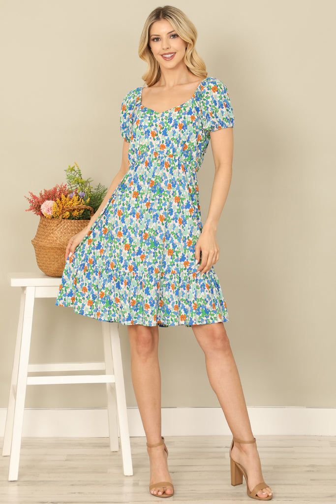 DITSY FLORAL SHORT PUFF SLEEVE CINCH WAIST DRESS