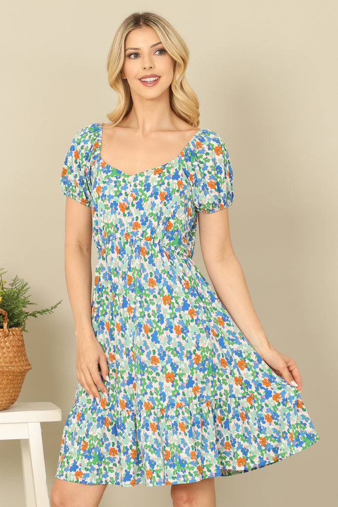 DITSY FLORAL SHORT PUFF SLEEVE CINCH WAIST DRESS