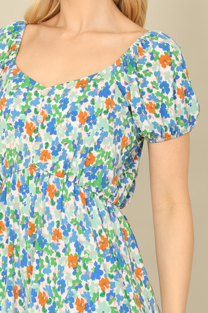 DITSY FLORAL SHORT PUFF SLEEVE CINCH WAIST DRESS