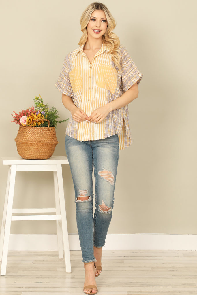 STRIPE FRONT POCKET BUTTON DETAIL CURVE HEM TOP