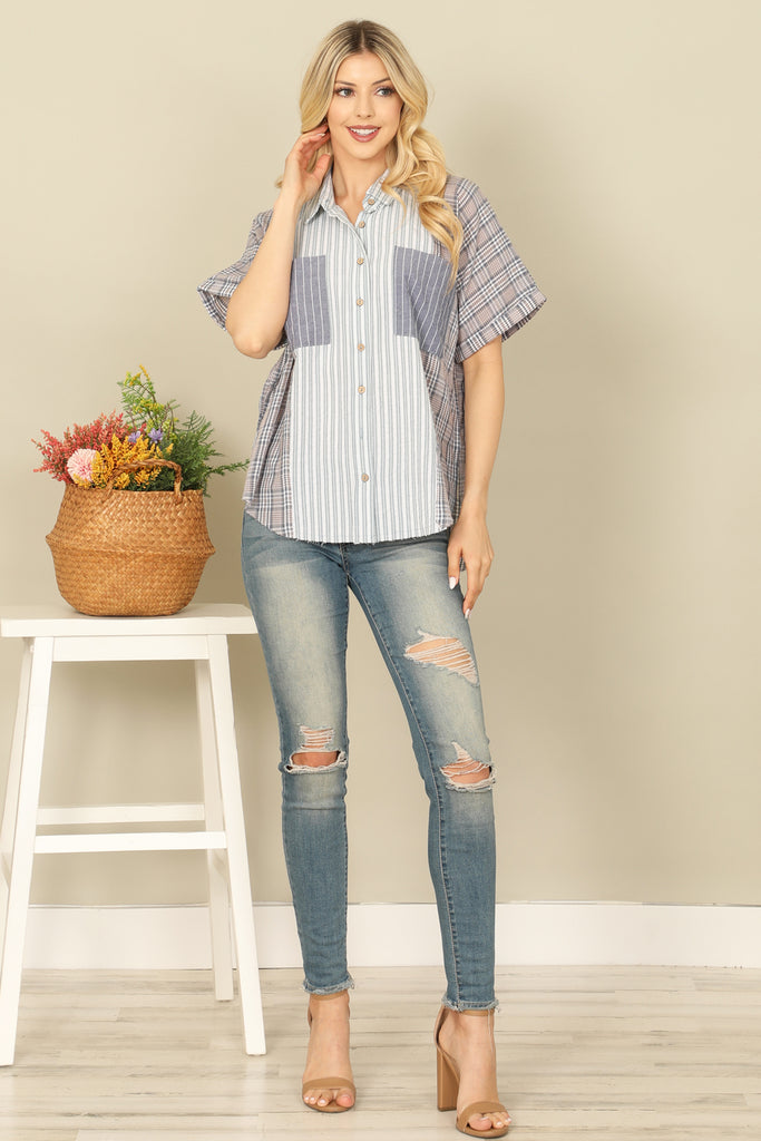 STRIPE FRONT POCKET BUTTON DETAIL CURVE HEM TOP