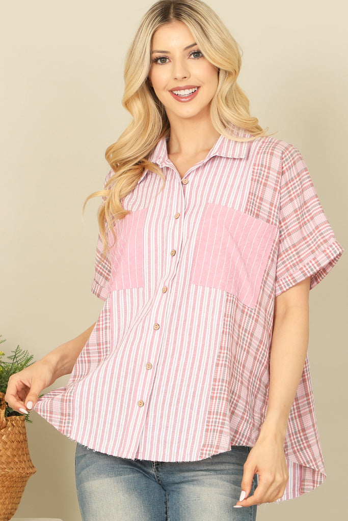 STRIPE FRONT POCKET BUTTON DETAIL CURVE HEM TOP