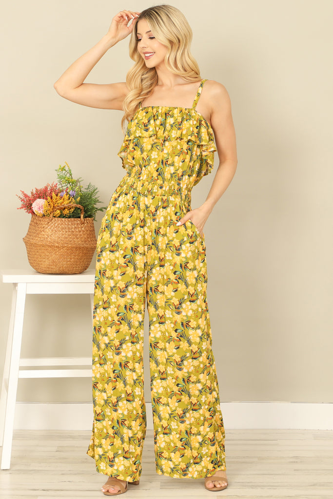 SPAGHETTI STRAP RUFFLE DETAIL SIDE POCKET PRINTED JUMPSUIT