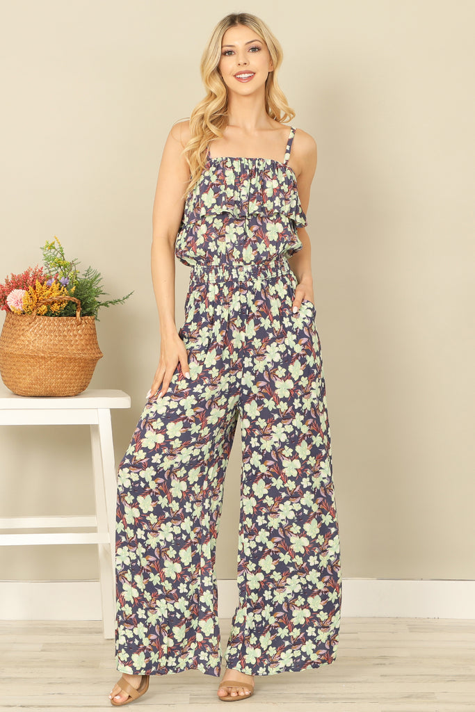 SPAGHETTI STRAP RUFFLE DETAIL SIDE POCKET PRINTED JUMPSUIT