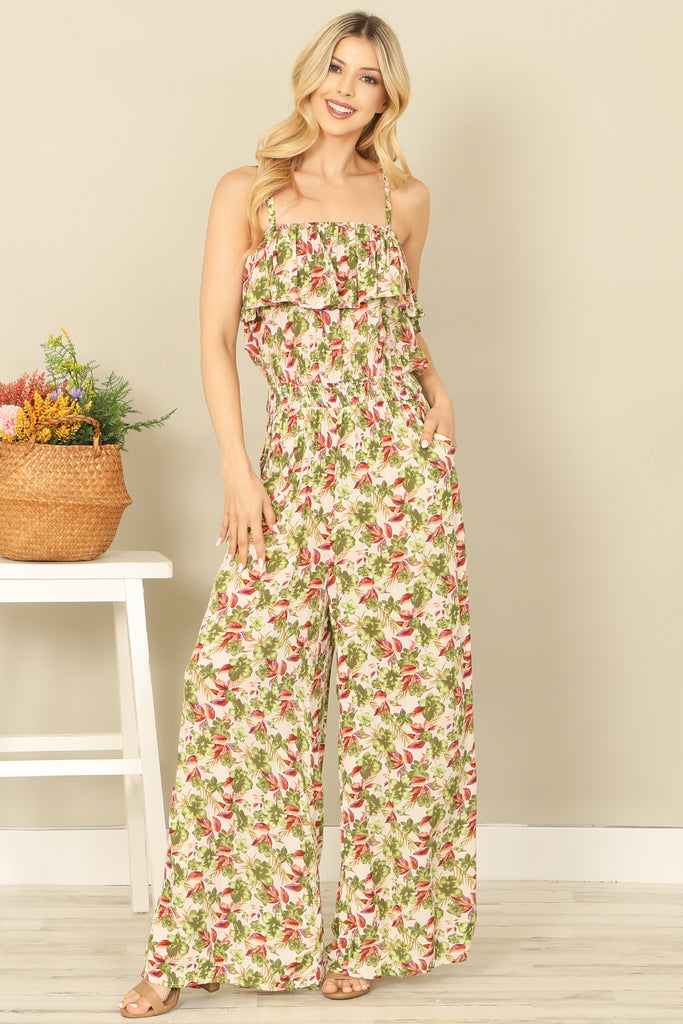 SPAGHETTI STRAP RUFFLE DETAIL SIDE POCKET PRINTED JUMPSUIT