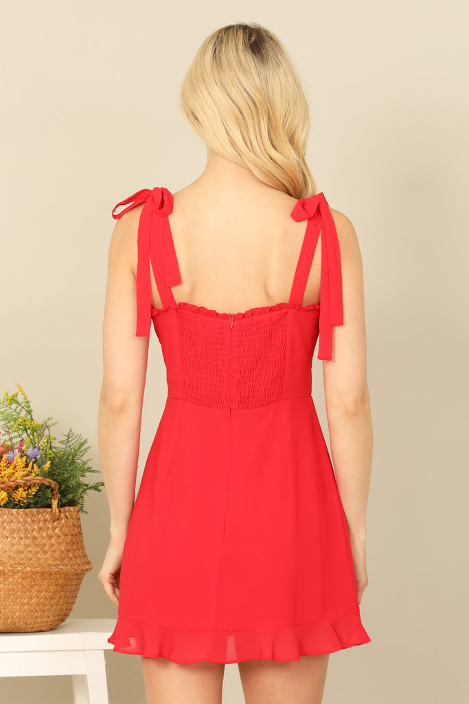 TIE STRAP RUFFLE DETAIL SOLID MINI DRESS