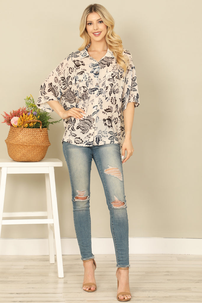 BACK QUARTER SLEEVE FRONT POCKET PATCH PRINTED TOP