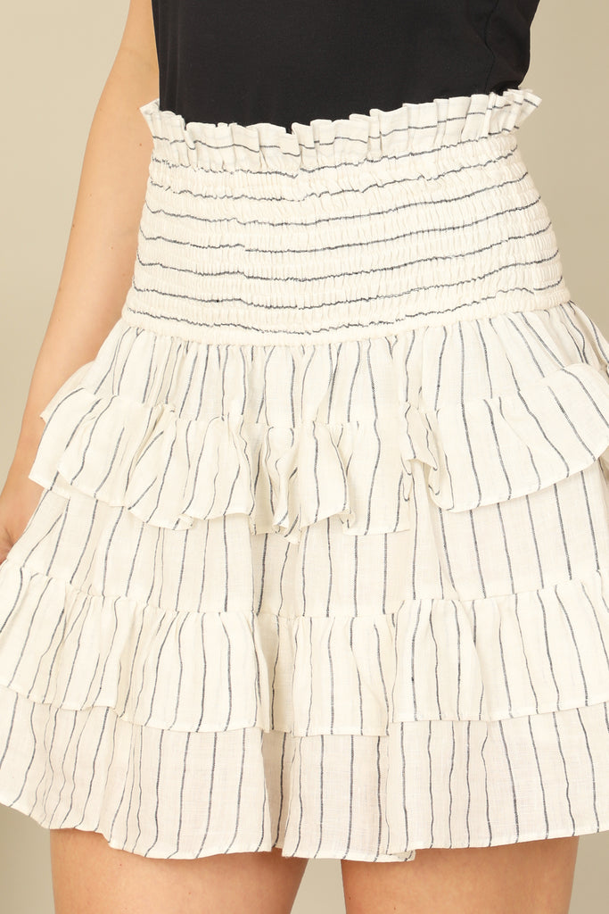 SMOCKED WAIST STRIPE RUFFLE LAYERED SKIRT