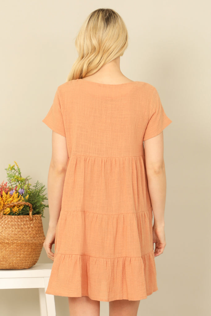 SHORT SLEEVE V-NECK BUTTON DOWN SOLID BABYDOLL DRESS